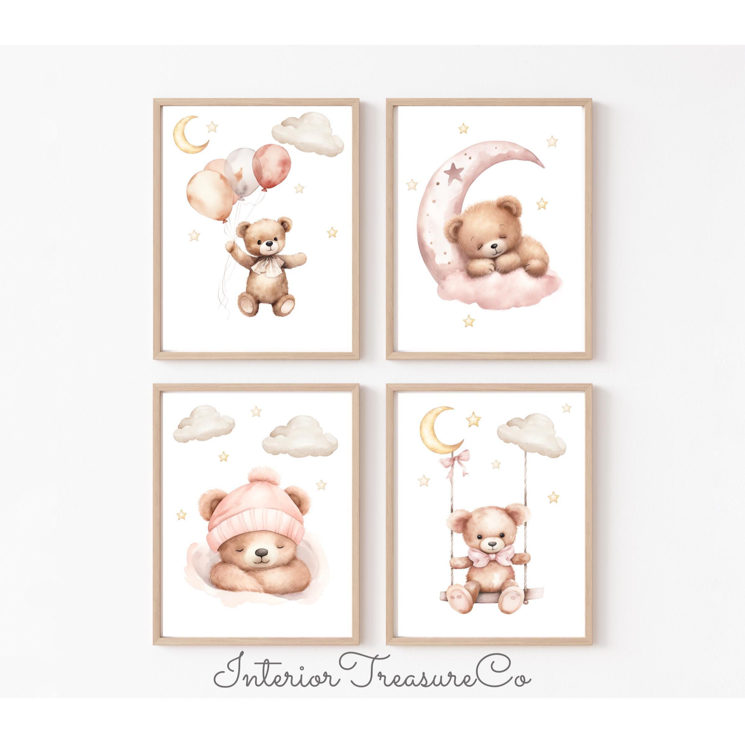 Neutral Teddy Bär Kinderzimmer Wand Kunst Drucke, Baby Zimmer Dekor, Gender Neutral Bär Geschenk-Set von 4 druckbare, Wolke & Mond Kinder Schlafzimmer Dekor