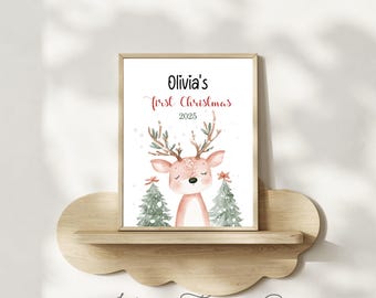 Personalized Baby’s First Christmas Reindeer Print, Custom Name Holiday Wall Art, Nursery Christmas Decor 2025