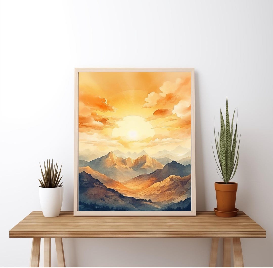 Golden Sunrise Mountain Landscape Wall Art Print, Warm Sunset Nature ...