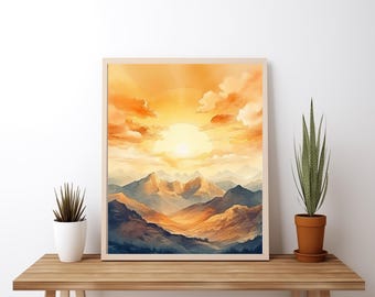 Stampa artistica da parete con paesaggio montano con alba dorata, dipinto della natura con tramonto caldo, arredamento rustico per la casa in stile selvaggio (download digitale)