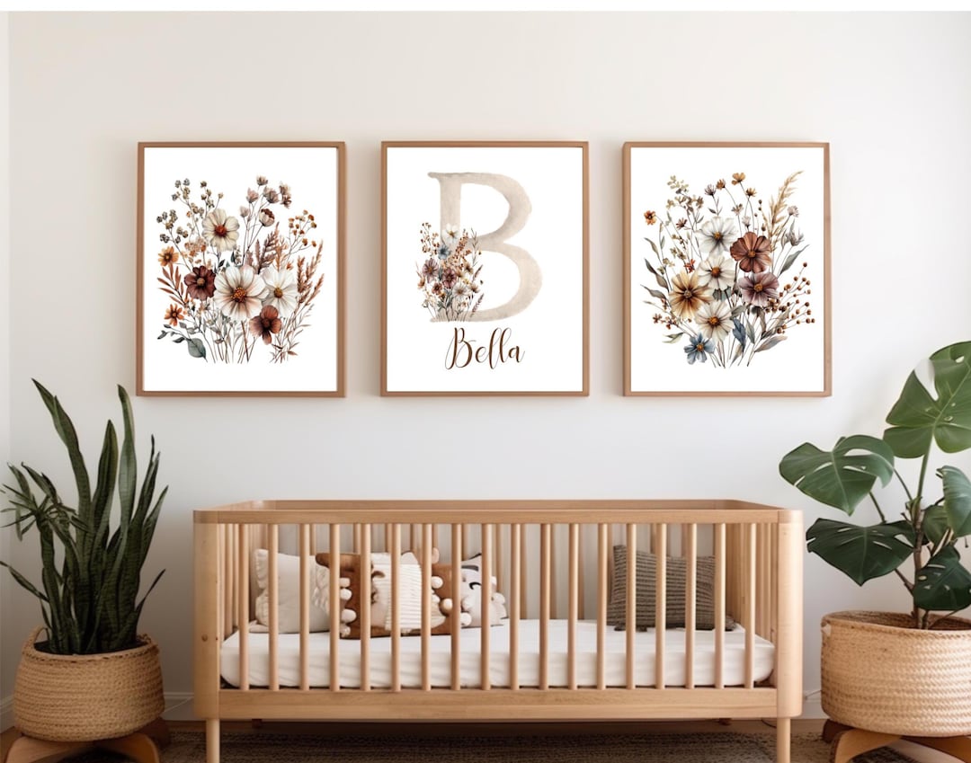 Personalized Floral Nursery Wall Art Set of 3, Boho Baby Girl Name ...