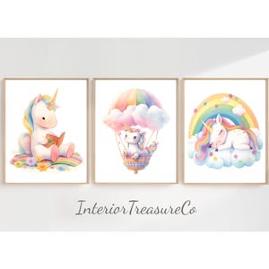 Unicorn Nursery Wall Art Prints,Unicorn Pastel Rainbow  Wall Decor,Girl Room Decor,Sleeping Unicorn,Air Balloon,Digital Nursery Art Prints
