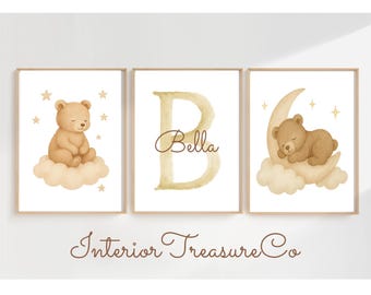 Personalisierte Teddybär Kinderzimmer Wandkunst 3er-Set, neutrale Babynamendrucke, benutzerdefinierte Anfangsbabyzimmerdekor, Bärendrucke für Jungen und Mädchen