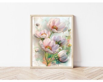 Watercolor Pink Flowers Art Painting Print Spring  Wildflower Landscape Wall Art Decor Printable Summer Room Art Digital Download Art Prints