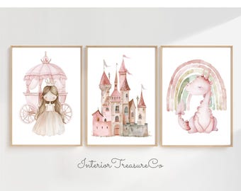 Stampe artistiche da parete per la cameretta delle principesse rosa, decorazioni per la cameretta delle bambine, poster artistici stampabili con castello, drago, arcobaleno (download digitale)