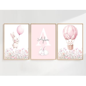 3 roze konijn kinderkamer kunstprints, gepersonaliseerde naambord wilde bloem, aangepaste naam konijn kinderkamer print, muurdecoratie babymeisje kamer, cadeauset