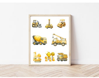 Construction Trucks Art Prints,Watercolor Trucks Nursery Wall Decor,Trucks Painting Art Posters For Boys Room,Digital Download Art Prints