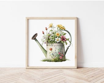 Stampa artistica da parete con fiori nell'annaffiatoio, decorazione per la casa (download digitale)