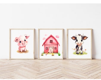 Farm Barnyard Art Prints, Cow Pig and Barn House Nursery,Digital Download Wall Art Prints,Printable Art For Kids Room,Farm Animal Nursery