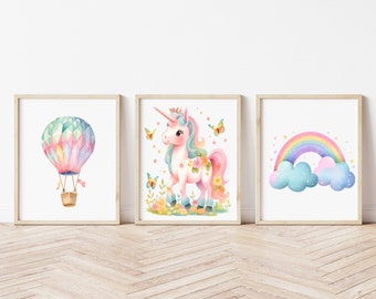 Unicorn Nursery Art Decor, Pastel Rainbow Unicorn Wall Art, Unicorn Printable Nursery, Girl Room Decor,Digital Download Art Prints, Set Of 3