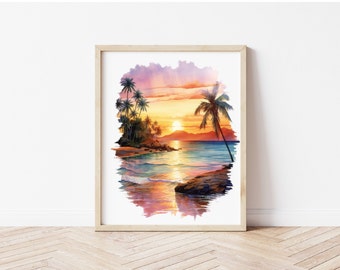 Watercolor Beach Sunset Art Print Landscape Print Tropical Ocean Nature Palm Trees Wall Art Home Decor Printable Digital Download Art Prints
