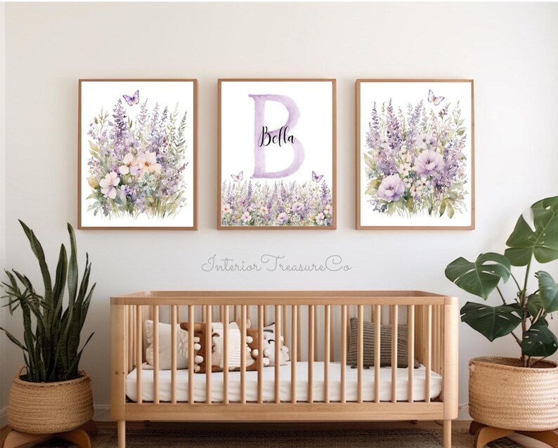 Personalized Floral Nursery Wall Art Prints, Lavender Purple Baby Girl ...