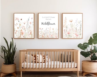 Blush Pink Floral Nursery Wall Art Prints, Wildflower Girls Room Decor, Printable Wall Art Set of 3 (Digital Download)