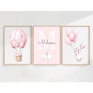 Muurkunstprints konijn, gepersonaliseerde naam kunstbord, aangepaste naam konijn kinderkamer print, roze babymeisje kamer muur decor, muur posters konijn, muur posters konijn