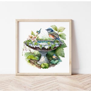 Impresión artística de baño para pájaros en el jardín, pintura de pájaros en acuarela, decoración de pared imprimible, baño para pájaros en el jardín de primavera, descarga digital, decoración de arte para el hogar