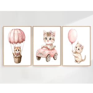 Kitten Nursery Wall Art Prints,Blush Pink Cat Nursery Decor,Girls Room Wall Art Decor,Air Balloon,Baby Cat Nursery Print,Digital Art Posters