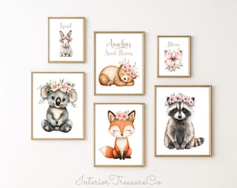 Floral Woodland Animals Nursery Wall Art, Baby Girl Room Decor, Personalized Name Print Set (Digital Download)