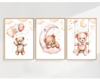 Rosa Teddybär Kinderzimmer Druck, Babyzimmer Wand Kunst Dekor, schlafender Bär, Mädchen Kinderzimmer, Wolken Mond Sterne Kunstdruck, Babyparty Geschenk 3er Set