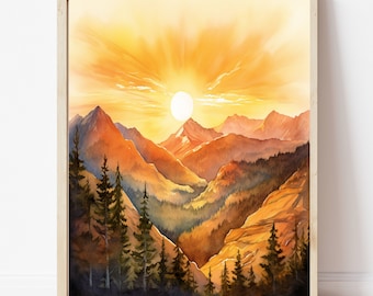 Watercolor Sunrise Digital Art Mountain View Print Landscape Art Canvas Printable Wall Decor Nature Painting Art Home Office  Decor Download