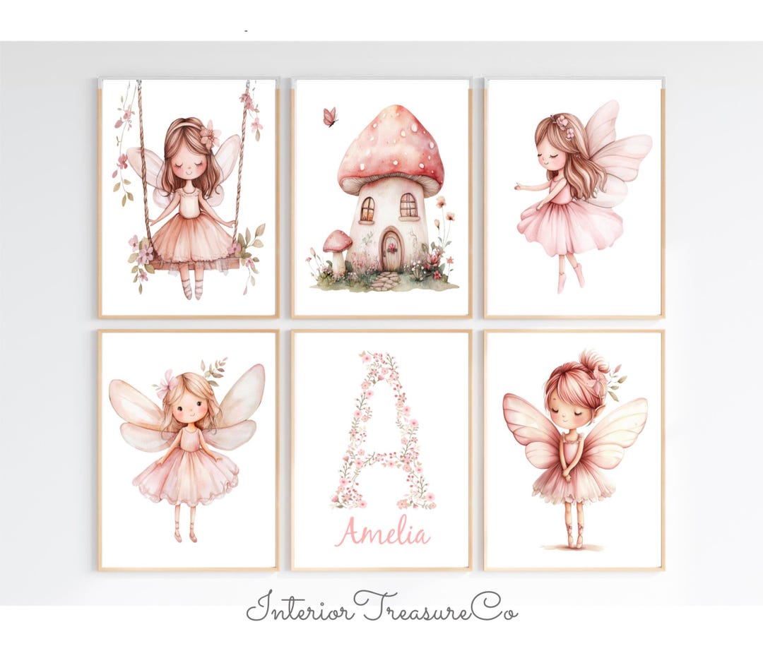 Pink Fairy Nursery Wall Art Set of 6, Personalized Name Print, Floral ...