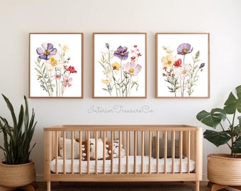 Floral Wall Art Set, Girls Room Decor, Wildflowers Nursery Prints, Botanical Kids Room Art, Printable Wall Art, Digital Download