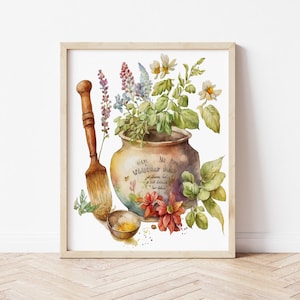 Puede incluir: Impresión en acuarela de una maceta de cerámica rústica llena de hierbas y flores, acompañada de un mortero y una maja de madera. La obra de arte presenta una paleta de colores cálidos con texto en la maceta, enmarcada en madera clara.
