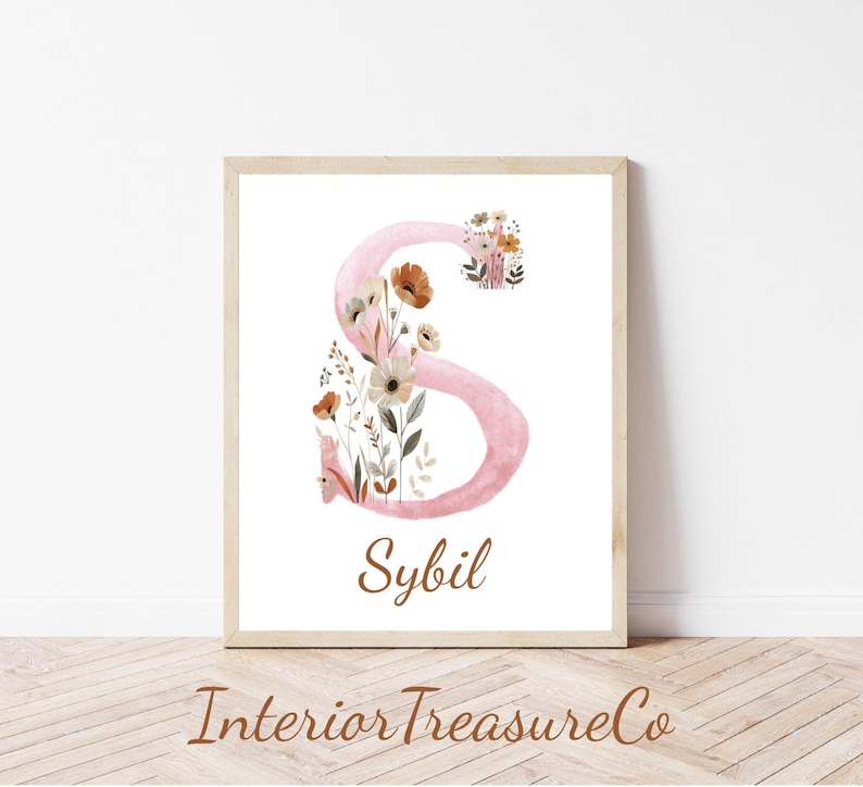 Personalized Initial Nursery Print, Boho Flowers Custom Name Sign ...
