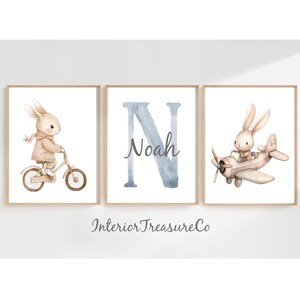 Boho Bunny kinderkamer kunstprints, gepersonaliseerd naambord, aangepaste naam neutrale konijn kinderkamer print, beige babykamer muur decor, digitale prints