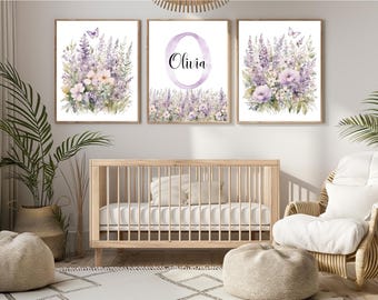 Personalized Floral Nursery Wall Art Prints, Lavender Purple Baby Girl Room Decor, Custom Name Sign, Botanical Art, Digital Download