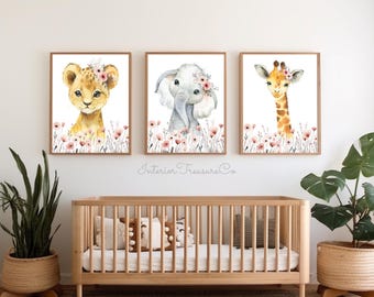 Floral Safari Animal Nursery Prints, Jungle Room Wall Art Decor, Wildflowers Girl Nursery Decor, Gift Set of 3 (Digital Download)