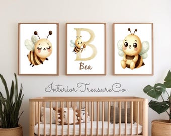 Personalized Bee Nursery Wall Art Prints Set Of 3, Custom Name & Initial Art Print, Kids Room Decor, Baby Shower Gift (Digital Download)