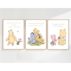 Láminas clásicas de Winnie The Pooh para guardería, citas inspiradoras de Pooh, decoración de pared neutra para habitación de bebé, decoración digital de osito Pooh para guardería, juego de 3