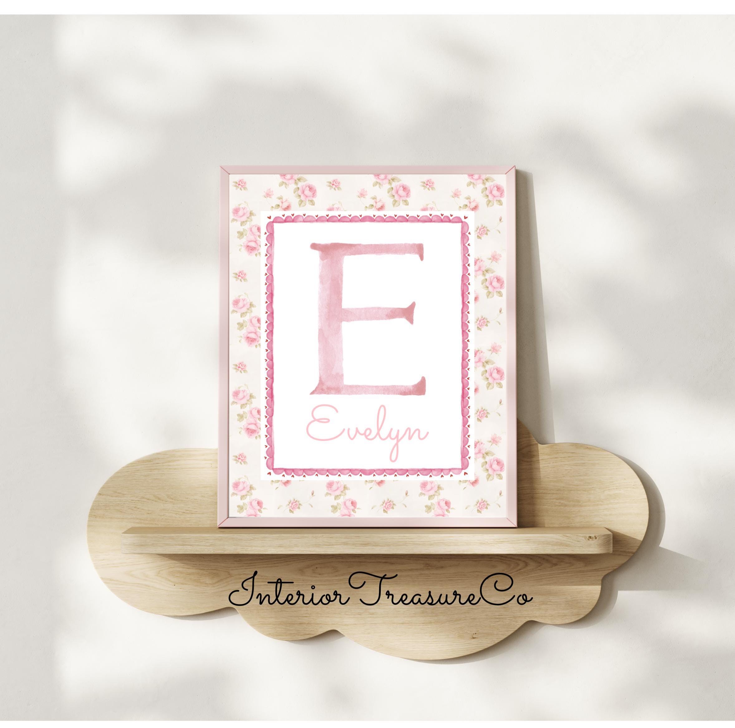 Custom Floral Initial Wall Art Print,Watercolor Monogram Art,Shabby Chic Nursery Decor, Vintage Rose,Personalized Baby Girl Nursery Gift