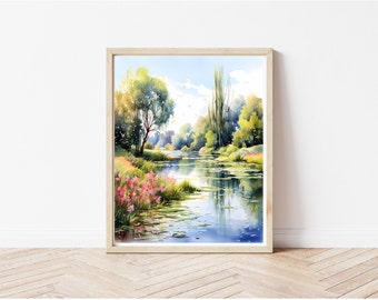 Nature View Art Print Trees River & Wild Flowers Art Printable Landscape Wall Art Canvas Living Room Home Decor Digital Download Art Prints