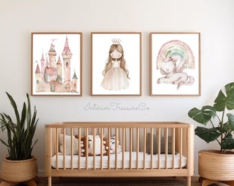 Princess Nursery Wall Art Prints, Pastel Girl Room Decor, Rainbow Unicorn Castle Printable Art, (Digital Download)