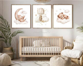 Neutral Teddy Bear Nursery Wall Art Prints, Moon, Cloud, Air Balloon, Beige Baby Room Decor, Digital Download