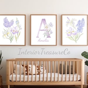 Personalized Floral Nursery Prints, Purple Wildflower Baby Room Decor, Lilac Custom Name, Botanical Wall Art, Set of 3, Digital Download