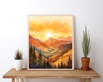 Stampa acquerello "Alba sulle montagne dorate", arte murale con paesaggio naturale, dipinto di tramonto sulle montagne, arredamento rustico per baite, download digitale