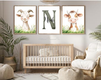 Bauernhof Tier Kinderzimmer Wand Kunst Drucke, Benutzerdefiniertes Namensschild, Neutral Baby Zimmer Dekor, Jungen, Mädchen, Geschenkset von 3, digitaler Download