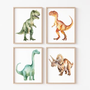 Set von 4 Dinosaurier Art Print, Jungenzimmer Wandkunst, druckbare Dino Kinderzimmer, T-Rex Kunstdruck, Digital Design Wand Kunst, Kinderzimmer Dekor, Download