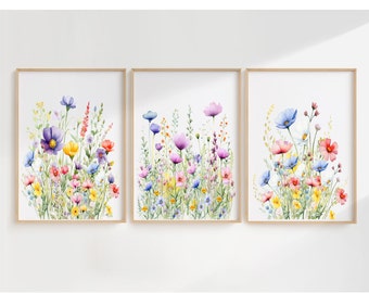 Wildflowers Art Print,Watercolor Flowers Art Set of 3,Printable Wall Art Decor,Spring Flowers Landscape,Floral Digital Download Art Prints