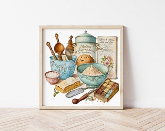 Vintage Farmhouse Kitchen Wall Art Decor, Watercolor Kitchen Wall Prints (Digital Download)