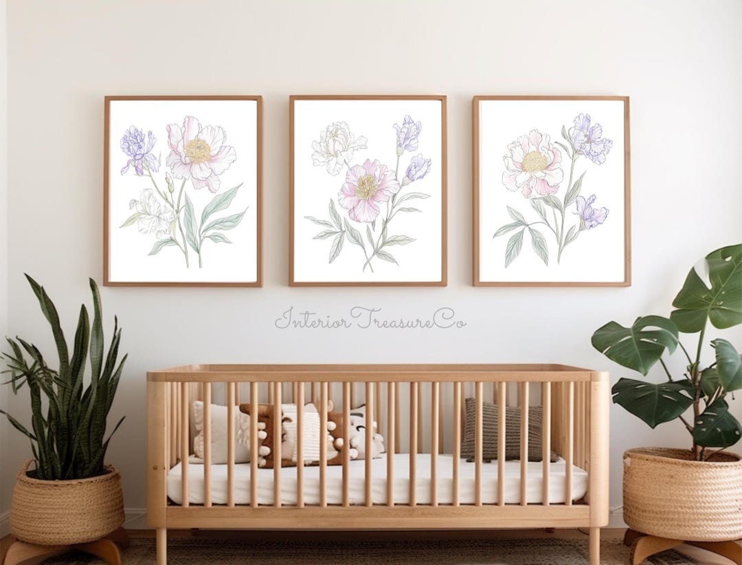 Purple Floral Wall Art Prints, Girls Room Nursery Decor, Flowers Wall ...