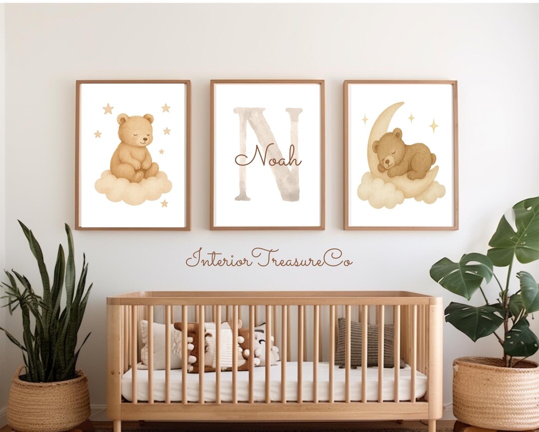 Personalized Teddy Bear Nursery Wall Art Set of 3, Neutral Baby Name ...