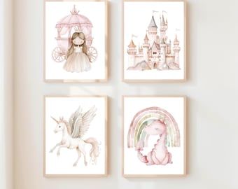 Princess Nursery Wall Art Set of 4, Fairytale Nursery Prints, Unicorn Castle Princess Decor, Pink Beige Girls Room Art, Digital Download
