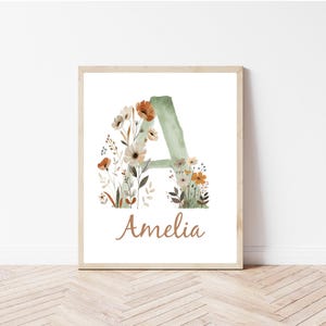 Lámina personalizada con inicial para habitación infantil, letrero con nombre personalizado con flores bohemias, decoración retro para habitación de niña (descarga digital)