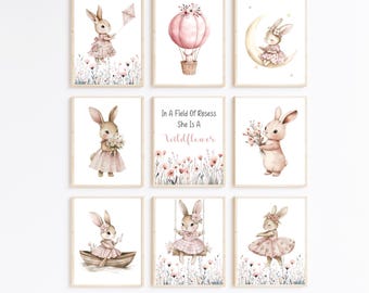 10 Floral Bunny Nursery Wall Art Prints, Blush Pink Rabbit Baby Girl Room Decor, Digital Download