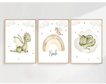 Personalized Dragon Nursery Art Prints, Boho Rainbow Decor, Neutral Baby Boy Room Wall Decor (Digital Download)
