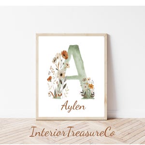 Plaque nominative personnalisée, impression d'art mural pour chambre de bébé, fleurs sauvages, prénom personnalisé pour chambre de bébé, déco art mural vert sauge, déco bohème pour chambre de bébé