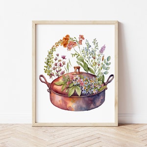 May include: A watercolor painting of a copper pot filled with a variety of colorful flowers and greenery. The pot has a brass lid and is surrounded by a wreath of flowers.